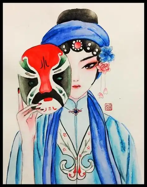 黑白线描戏曲绘画:《小状元》   学生优秀作品展简约大气画戏曲人物