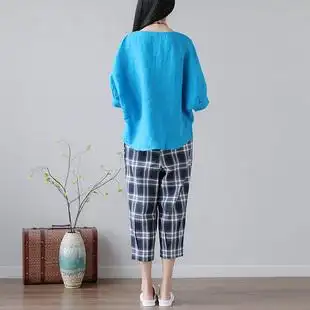 棉麻套装女文艺复古刺绣宽松上衣大码显瘦格子七分裤亚麻两件套装