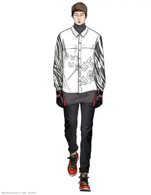关键词:时尚清新白色衬衫男装效果图 白色衬衫 服装设计 红色鞋子