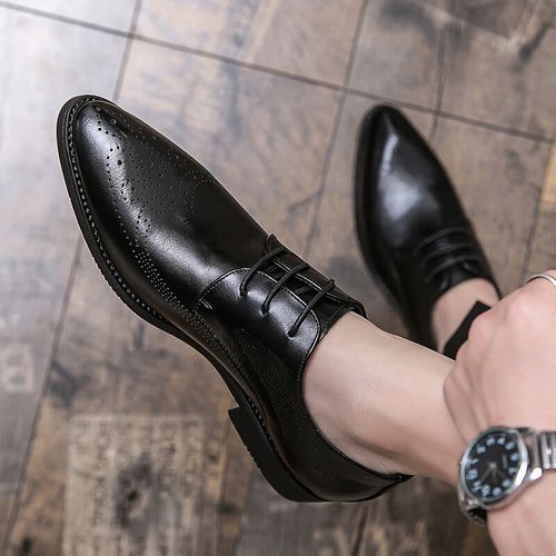 英皇保罗发型师内增高新郎商务棕色正装尖头男鞋布洛克结婚小皮鞋男