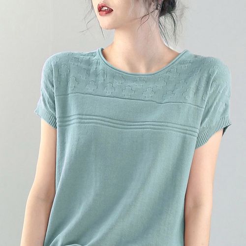 100%纯棉夏季新款圆领短袖针织衫女宽松显瘦柔软半袖t恤女上衣