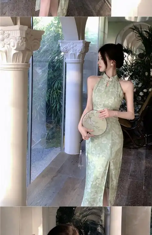 新中式国风清冷感绿色改良旗袍性感风情万种绝美挂脖连衣裙女夏季