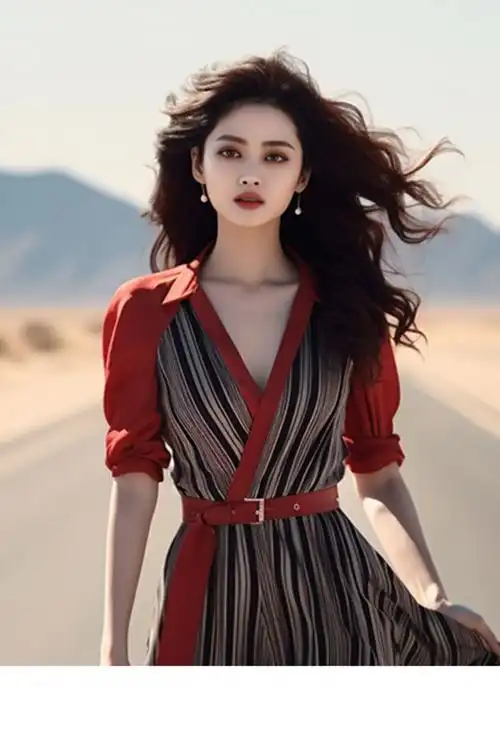 气质名媛高端精致女神范高级感高冷御姐风红色拼接条纹连衣裙女