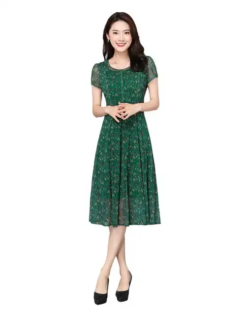 华 哥弟情品牌女装40-50-60岁中年大码高档妈妈真丝连衣裙夏新款