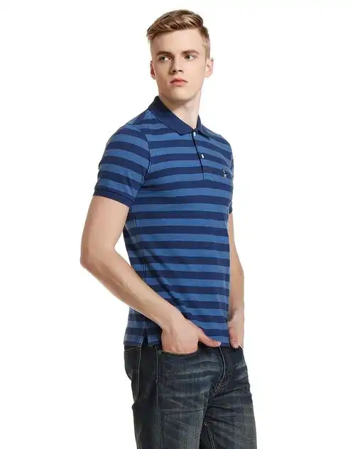 深蓝色百搭条纹翻领短袖针织t恤