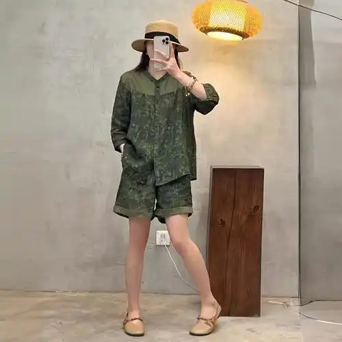 2024夏季新款苎麻套装女 扎染立领长袖衬衫 休闲百搭短裤两件套