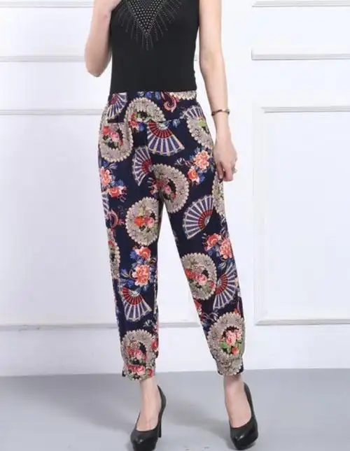 中老年女装灯笼裤女夏2020新款九分花裤妈妈装裤子休闲裤高腰女裤