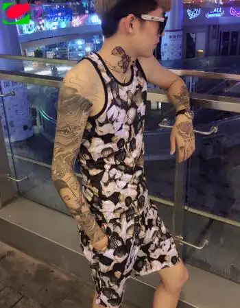 包邮 社会小伙背心休闲套装男修身型运动健身坎肩潮牌无袖t恤一套衣服