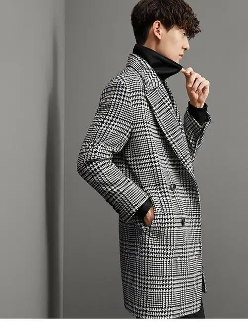 太平鸟男装 冬男士时尚千鸟格中长款羊毛大衣保暖外套bwaa64704#-t