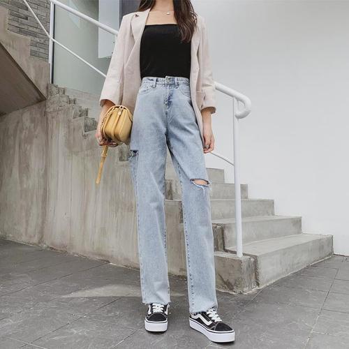 春夏季韩版新款宽松高腰弹力毛边破洞牛仔裤女裤子泫雅风女装