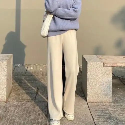 白色针织阔腿裤女秋冬高腰垂感加厚羊绒奶奶裤休闲直筒拖地长裤子