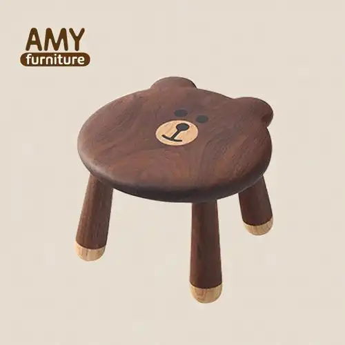 amy榏镁黑胡桃实木凳矮凳儿童凳卡通凳子小熊板凳换鞋凳小板凳