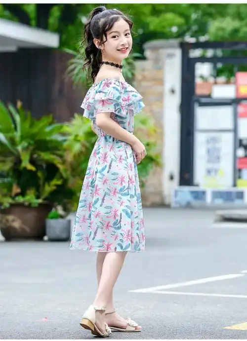 新款3-15岁儿童洋气公主裙中大童装13岁露肩雪纺裙小女孩长裙沙滩裙