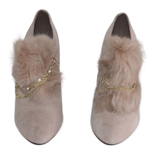 清仓处理秋冬真皮女鞋链子兔毛装饰杏色磨砂羊皮深口单鞋2661909