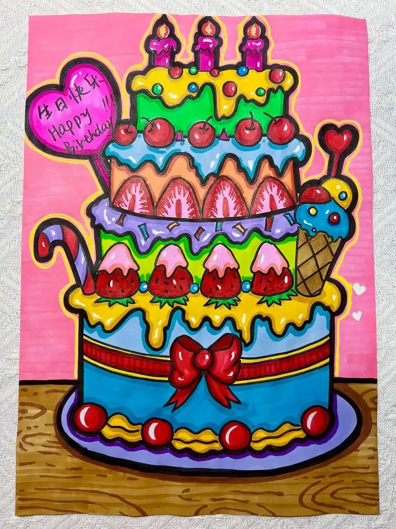 儿童创意画生日蛋糕98来啦!#儿童画 #一起学画画 #跟着抖 - 抖音