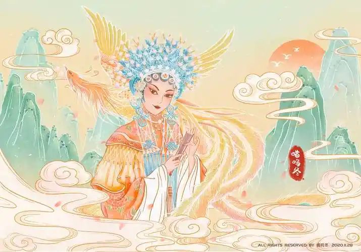 国风国潮风京剧主题插画-京剧花旦凤凰山水场景 - 喵呜冬 - 原创作品