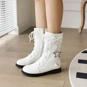 女童高筒靴2022新款儿童白色走秀演出皮靴秋冬小孩中大童马丁靴子