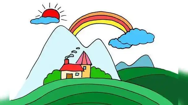 山水简笔画彩色风景二至三年级