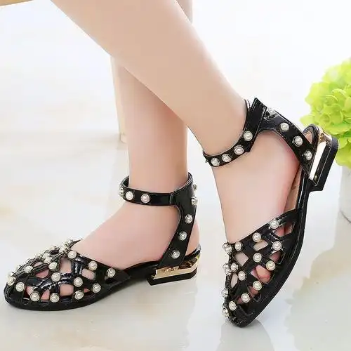 小年度女童凉鞋夏季儿童高跟鞋韩版公主鱼嘴蝴蝶结小女孩水晶鞋黑色26