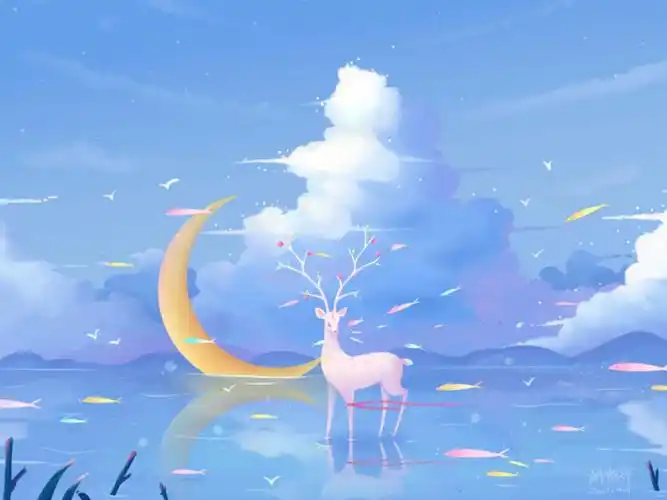 梦幻唯美蓝色治愈插画云朵插画