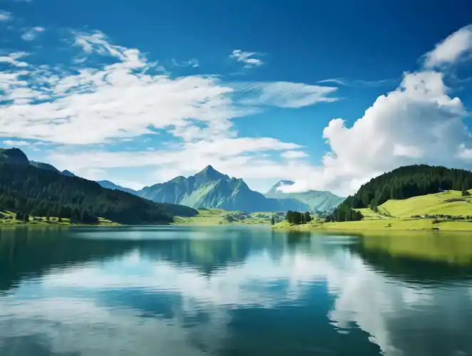 蓝天白云风景下的青山绿水唯美清新壁纸旅游旅行