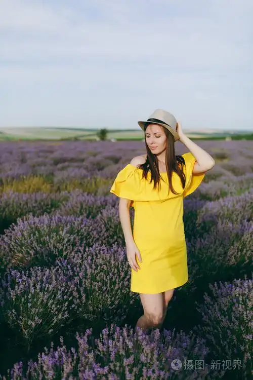 在夏季自然背景下, 紫色薰衣草花草场户外的年轻性感美女肖像.