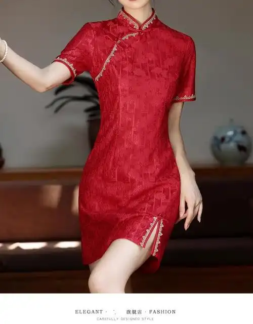 红色旗袍改良年轻款少女小个子150cm显高短款高考敬酒服新娘蕾… - 17