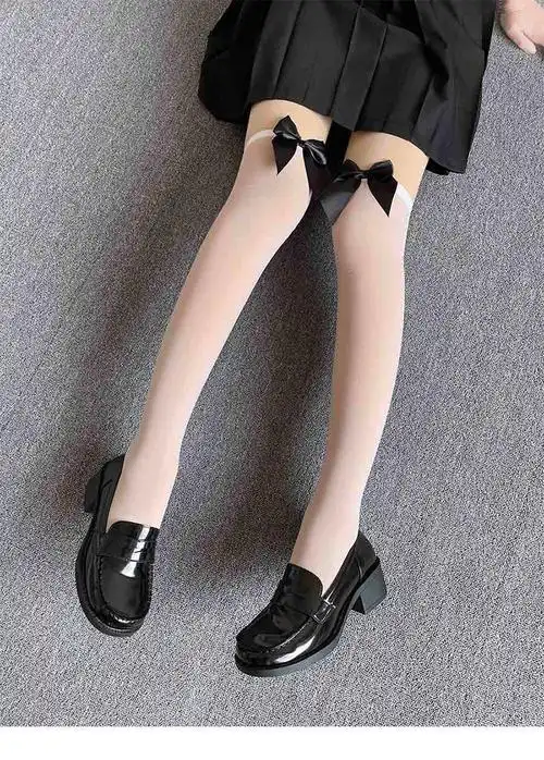 夏季小女孩蝴蝶结丝袜女童薄款黑丝袜女学生小腿袜白丝过膝袜jk袜适合