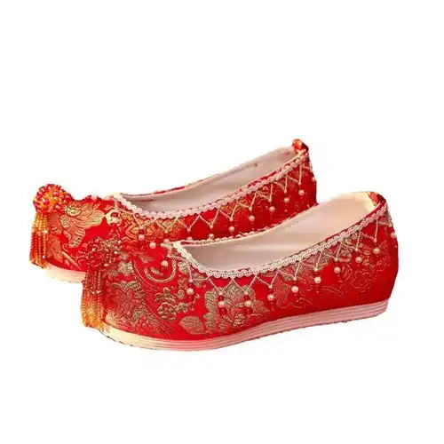 中式秀禾服婚鞋子新娘结婚鞋女古风红色汉服鞋布鞋内增高绣花鞋