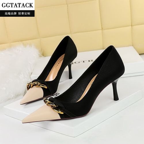 ggtatack轻奢品牌女鞋风宴会细跟高跟浅口拼色尖头金属链装饰时装单鞋