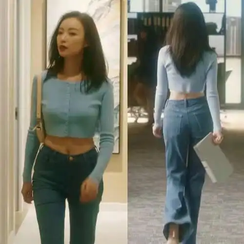 流金岁月朱锁锁倪妮同款毛衣短款冬蓝色修身百搭针织衫开衫上衣潮