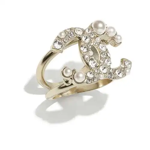 chanel香奈儿金属人造珍珠与水钻材质女士戒指金珍珠白与水钻送朋友女