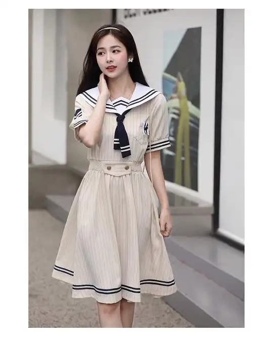 森女日系部落学院风气质少女jk制服连衣裙海军领a字裙水手服夏季 - 17