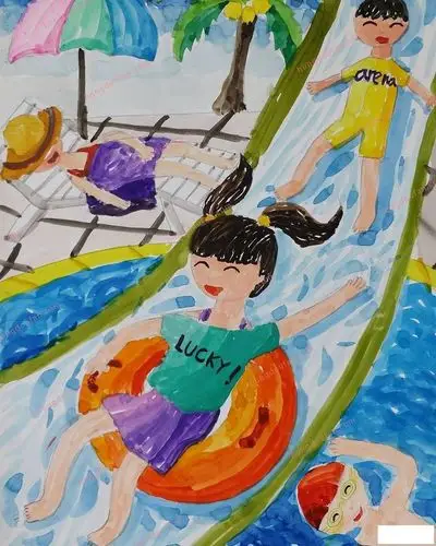 关于沙滩大海的暑假快乐儿童画大全