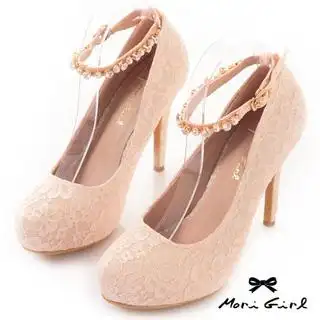 【mori girl】水钻系带满版手工蕾丝高跟婚鞋(粉)