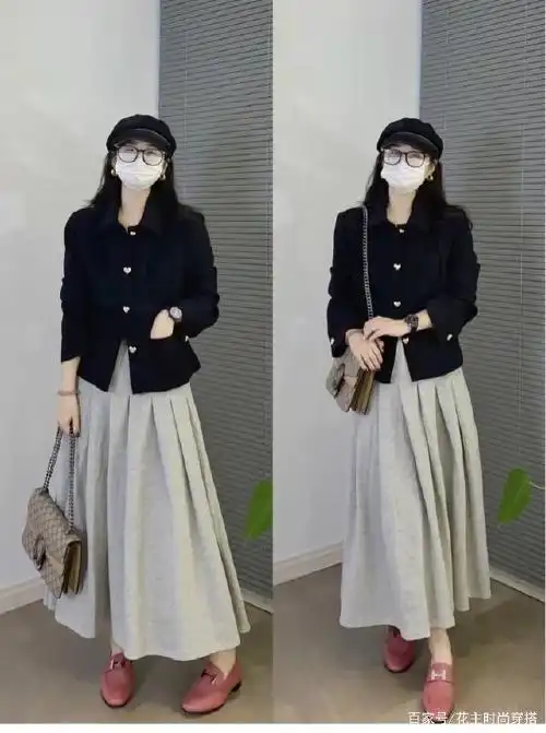 look3 黑色小西装 灰色百褶半身长裙 奶茶色乐福鞋