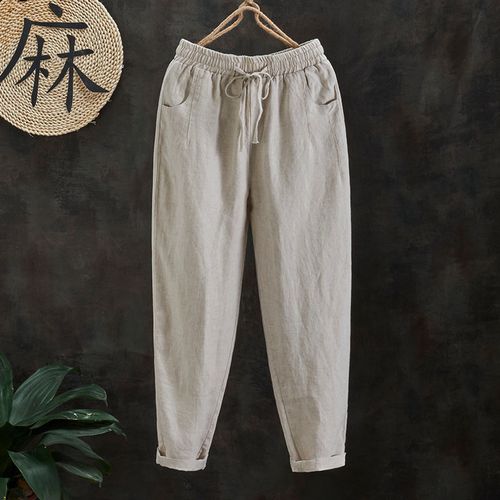 2022年春季新款亚麻麻裤子女宽松萝卜裤复古原创女士百搭哈伦九分裤