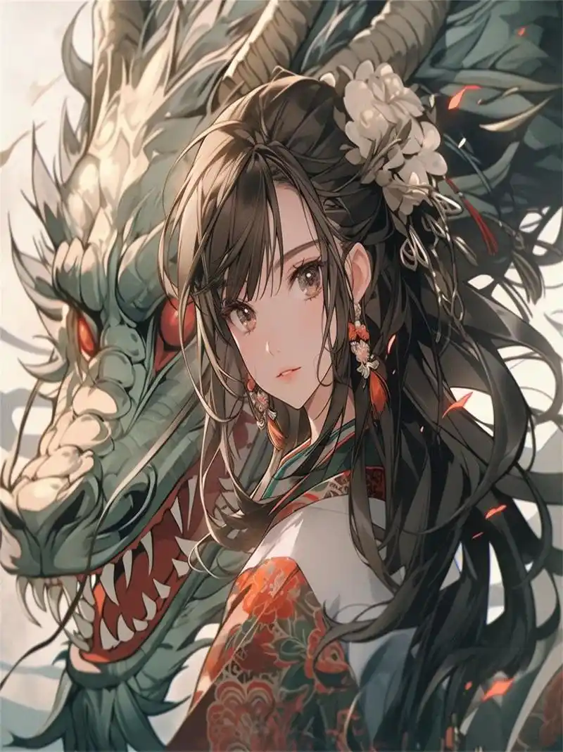 少女与龙  关键词:中国古风插画,帅气的中国女孩穿着中国服装,背景是
