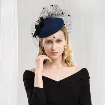 优雅帽子女春秋英伦网纱宴会小礼帽 时尚女士黑色羊毛呢礼帽冬 蓝色