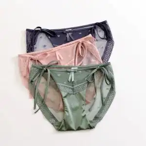 性感高叉系带内裤可调节腰围网纱透气女士三角裤无痕包臀中腰缎料