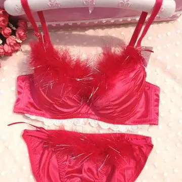 三角裤 外贸原单缎面文胸套装毛绒茸新娘喜庆圣诞礼物红色内衣套装