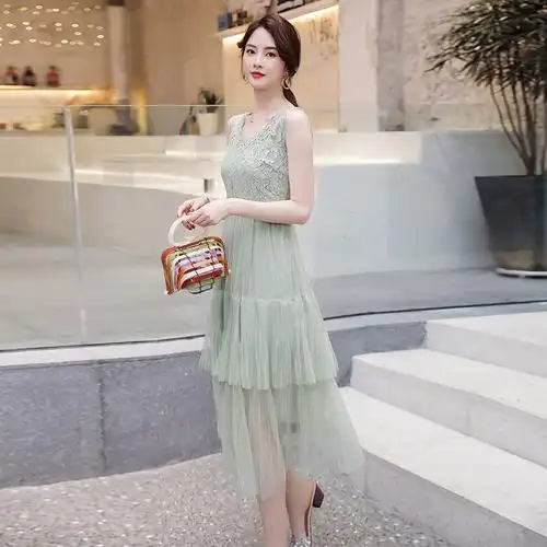蕾丝连衣裙2021新款夏很仙法国小众法式复古高腰网纱过膝智熏裙