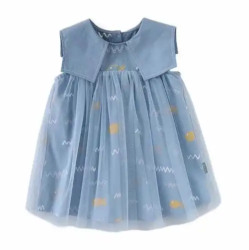 儿童连衣裙女童无袖裙子网纱纱裙夏季新款2022翻领公主海军风裙子