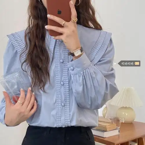 大码女装衬衫女设计感小众2021新款春夏胖妹妹法式复古娃娃领上衣