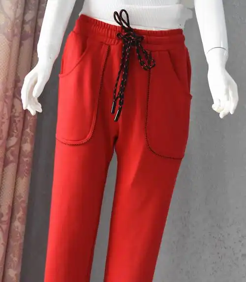地球红色工装休闲裤2020秋季新款宽松直筒抽绳休闲裤