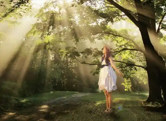 主题是拥抱阳光的感觉,要求:全身像,侧面,露出整个影子,面对太阳,张开