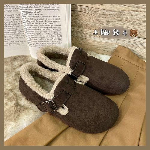 奶罐打翻了/好软~森系勃肯鞋女加绒保暖软底丑萌包头毛毛懒人鞋冬
