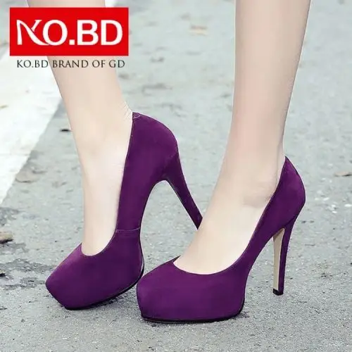 柯百蒂紫色超高跟鞋防水台细跟单鞋春秋新款磨砂真皮女鞋子e065