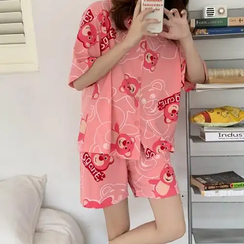 夏季新款粉色草莓熊短袖短裤款睡衣家居服送发带
