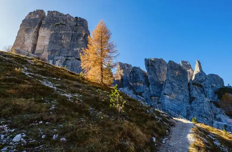 阳光明媚的秋季高山白云岩岩石山景意大利苏蒂罗尔cinquetorri五柱或
